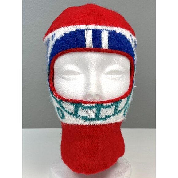 VTG 80s Mens Red Knit Football Helmet Face 1 Hole SKI MASK Balaclava Winter Cap
